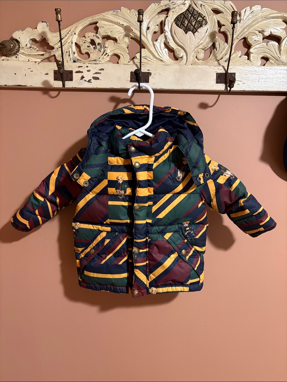 Ralph Lauren Kids' Striped Puffer Jacket with bear print